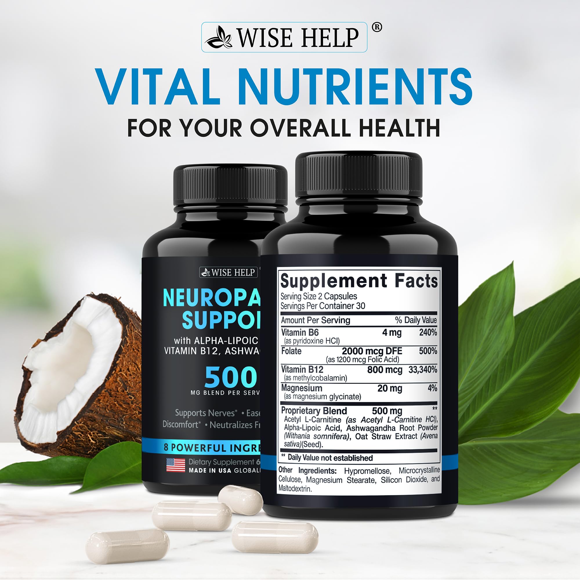 Wisehelp Neuropathy Support capsules close-up highlighting convenient daily supplementation