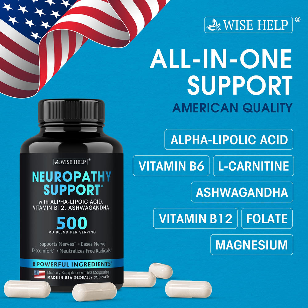 Wisehelp Neuropathy Support nerve health visual implying potential symptom relief.