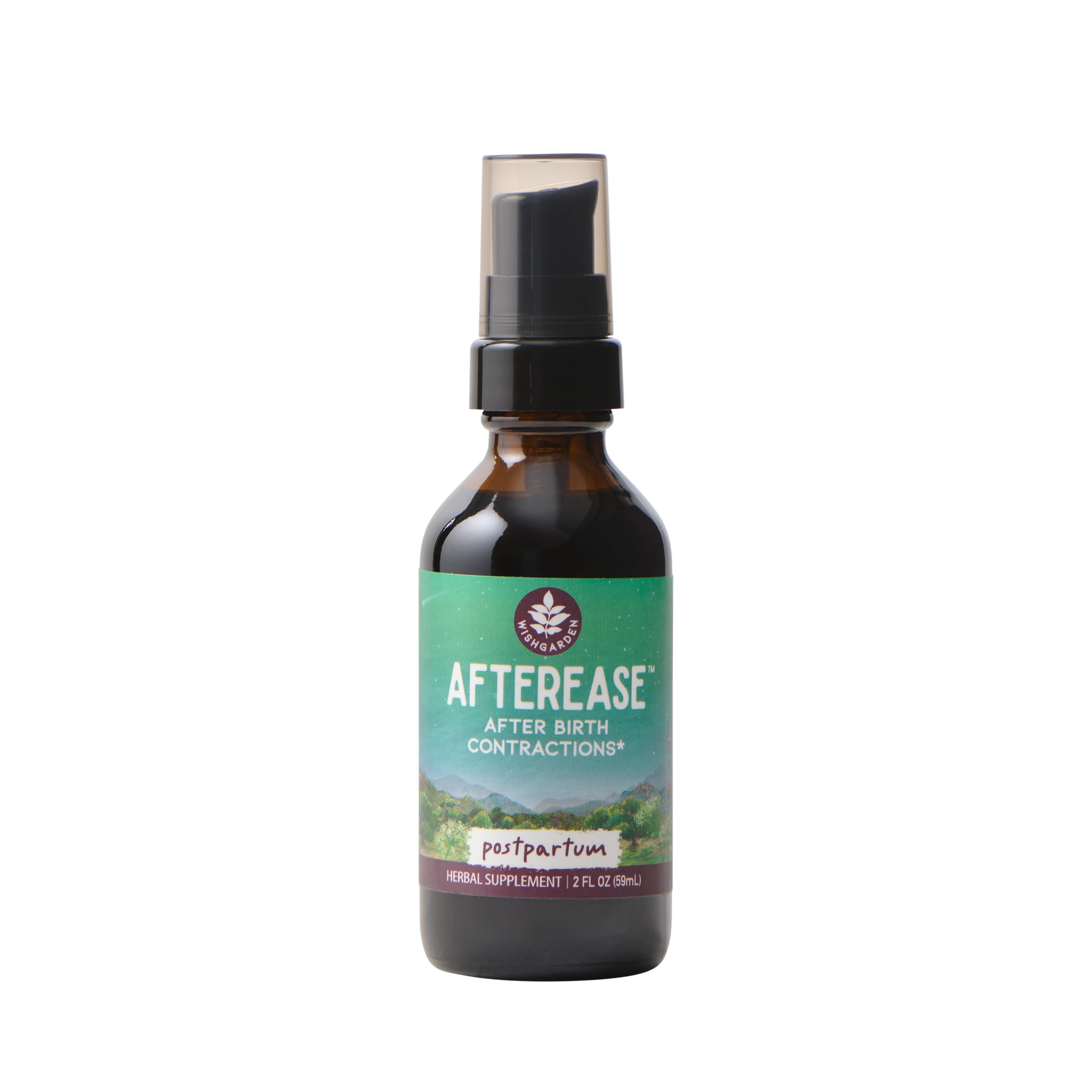 WishGarden AfterEase bottle closeup shows herbal blend for postpartum comfort.