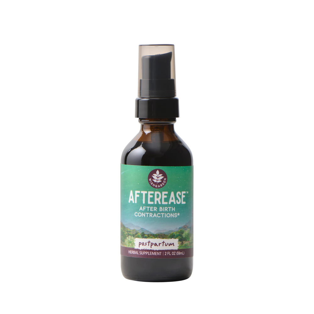 WishGarden AfterEase bottle closeup shows herbal blend for postpartum comfort.
