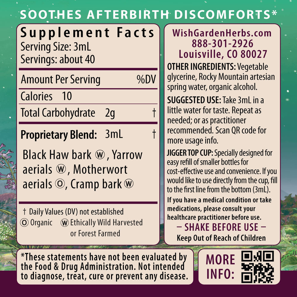 WishGarden AfterEase bottle pour showing easy dosing for afterbirth comfort.