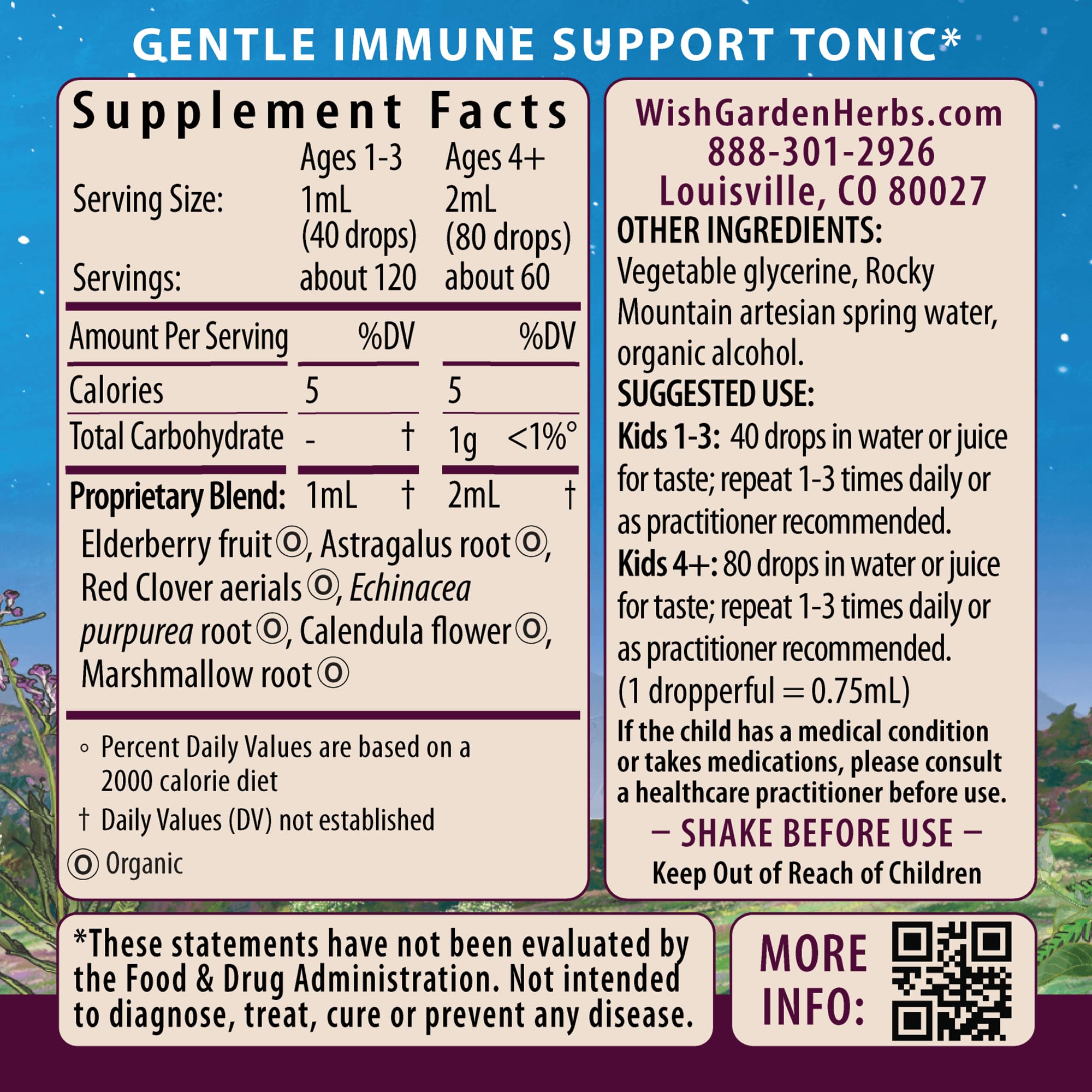WishGarden Daily Immune for Kids label close-up featuring elderberry and echinacea.