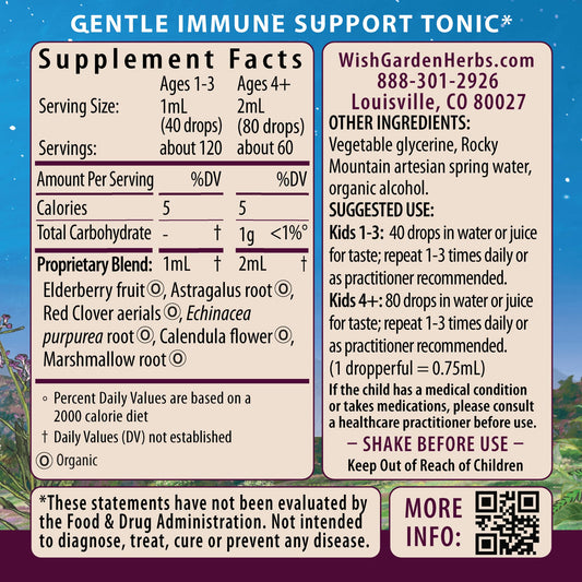 WishGarden Daily Immune for Kids label close-up featuring elderberry and echinacea.