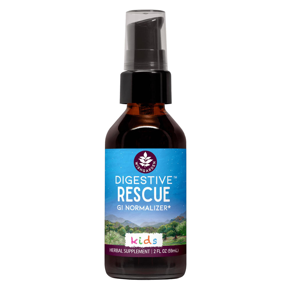 WishGarden Digestive Rescue for Kids bottle shown for gentle, plant-based digestive support at home