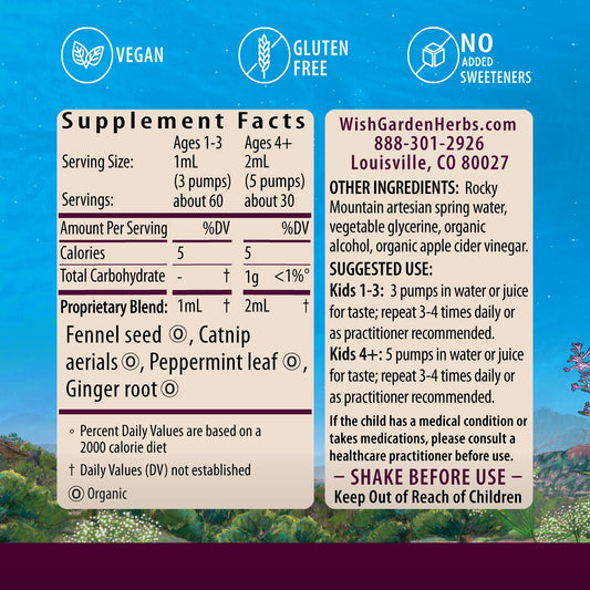 WishGarden Digestive Rescue for Kids dropper demonstrates easy dosing for quick relief on busy days