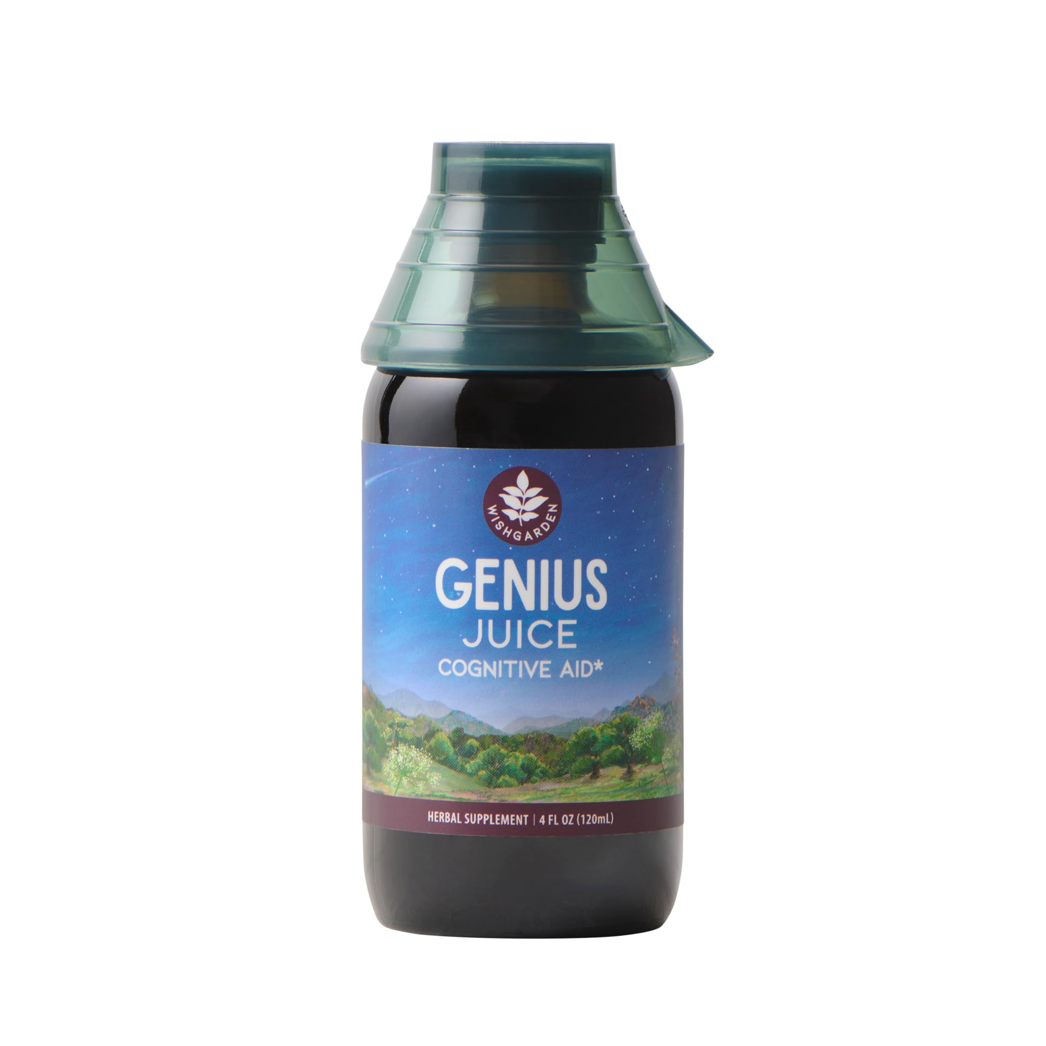 WishGarden Genius Juice bottle front view showing stimulant-free focus support