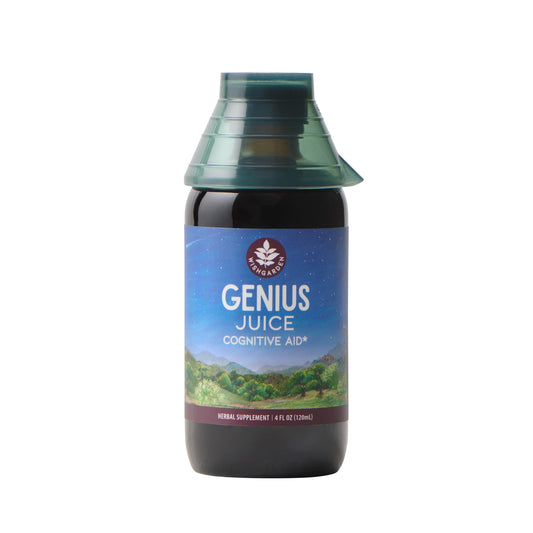 WishGarden Genius Juice bottle front view showing stimulant-free focus support