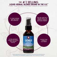 Genius Juice drops pouring from a dropper showing liquid tincture freshness
