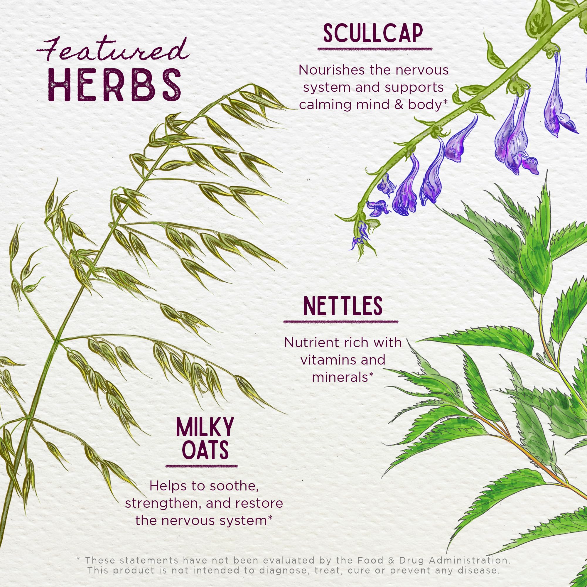 WishGarden Growing Pains bottle closeup emphasizes gluten-free, non-GMO herbs.