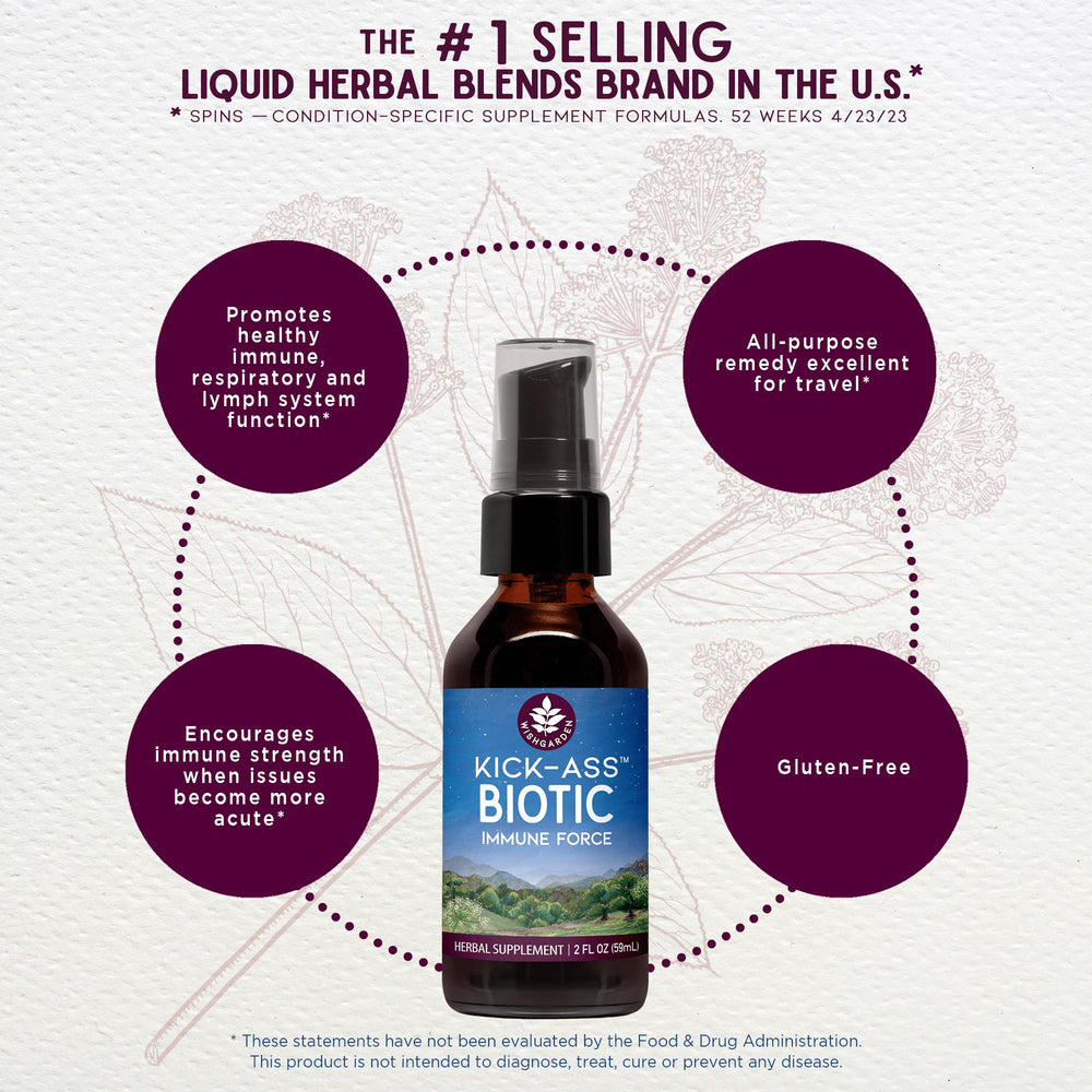 WishGarden Kick-Ass Biotic Immune Hero label close-up emphasizing organic and wild-harvested ingredients.