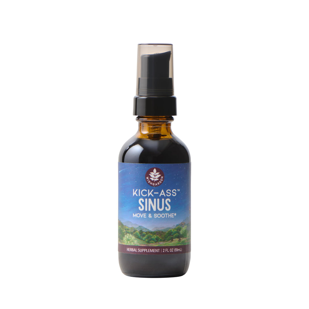WishGarden Kick-Ass Sinus bottle label close-up highlighting herbal blend for upper respiratory comfort.