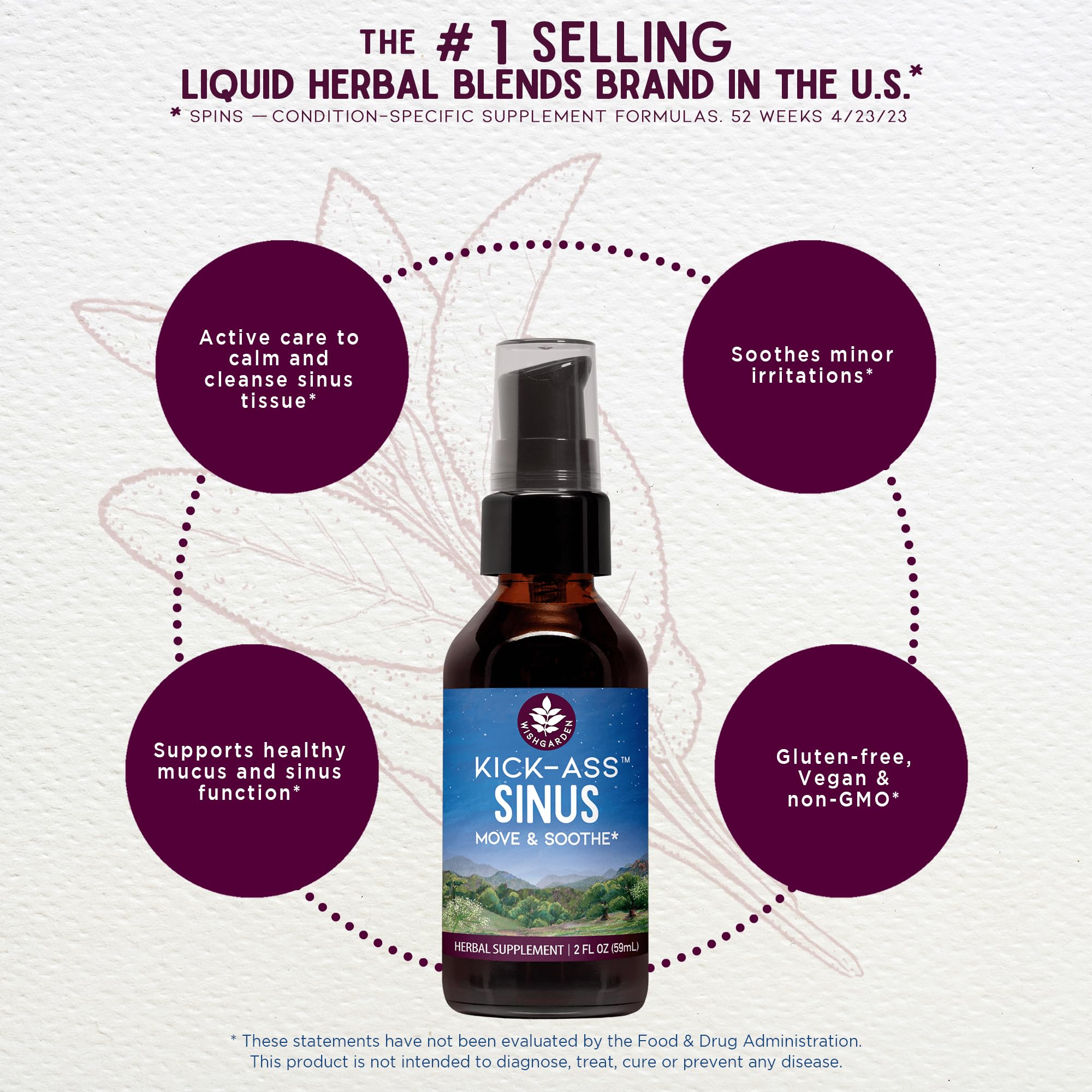 WishGarden Kick-Ass Sinus label close-up reveals organic, wild-harvested ingredients for upper respiratory support.