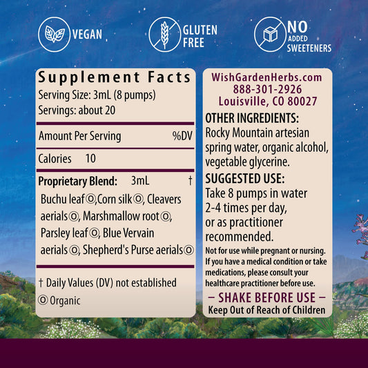 WishGarden Kidney Strength bottle label highlights organic herbs for kidney support.