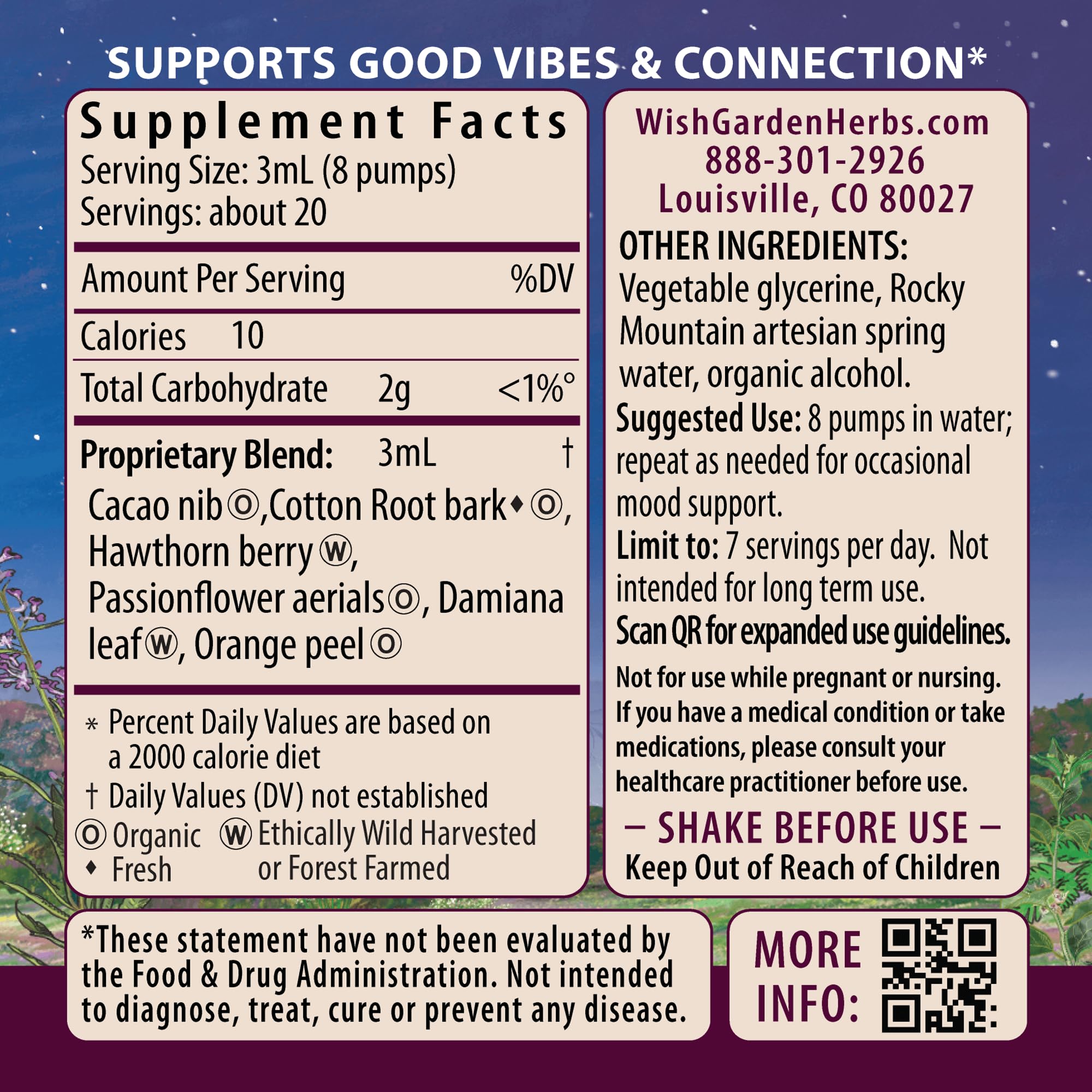 WishGarden Liquid Bliss label closeup highlights organic ingredients.