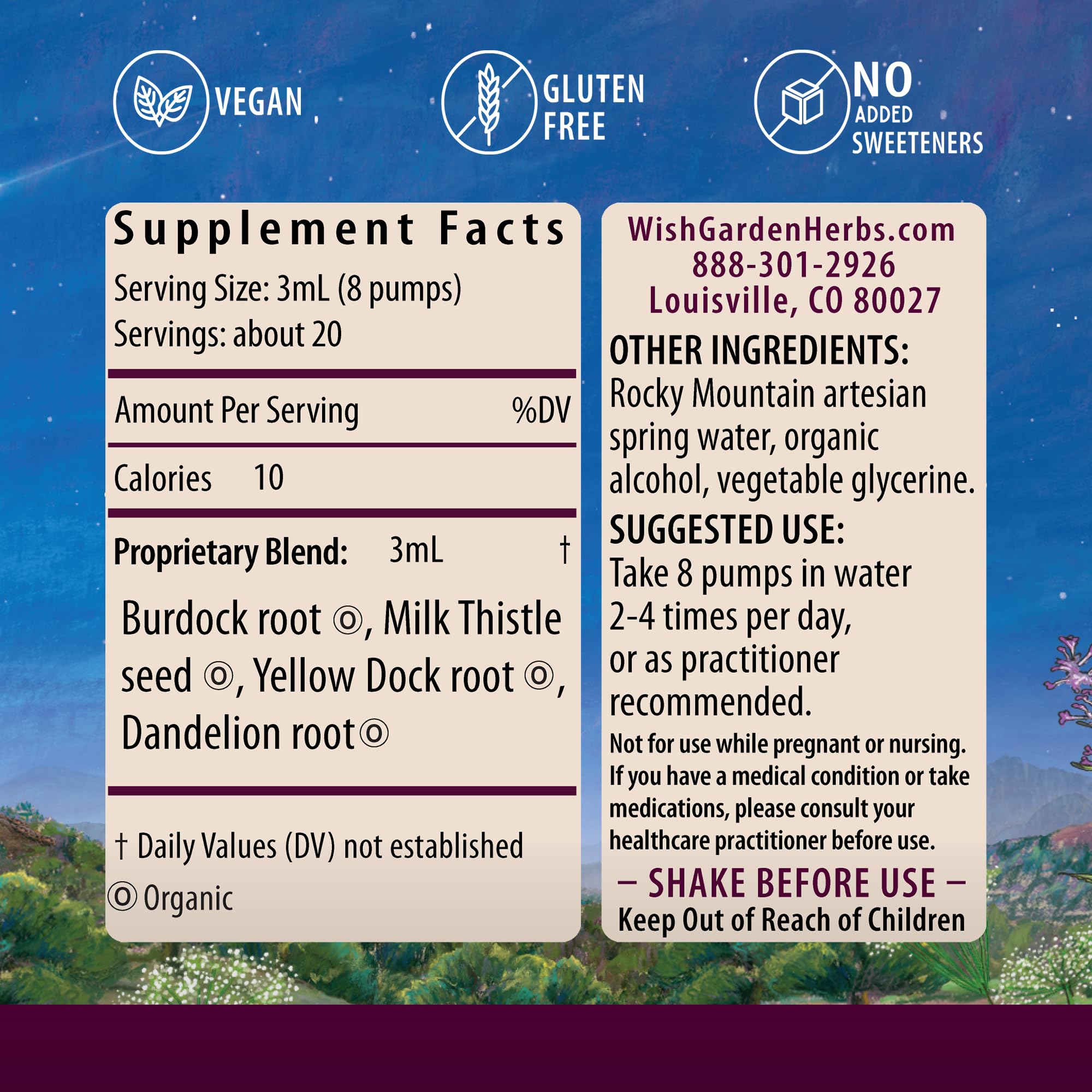 WishGarden Liver Strength Tonic bottle back with organic herb blend details