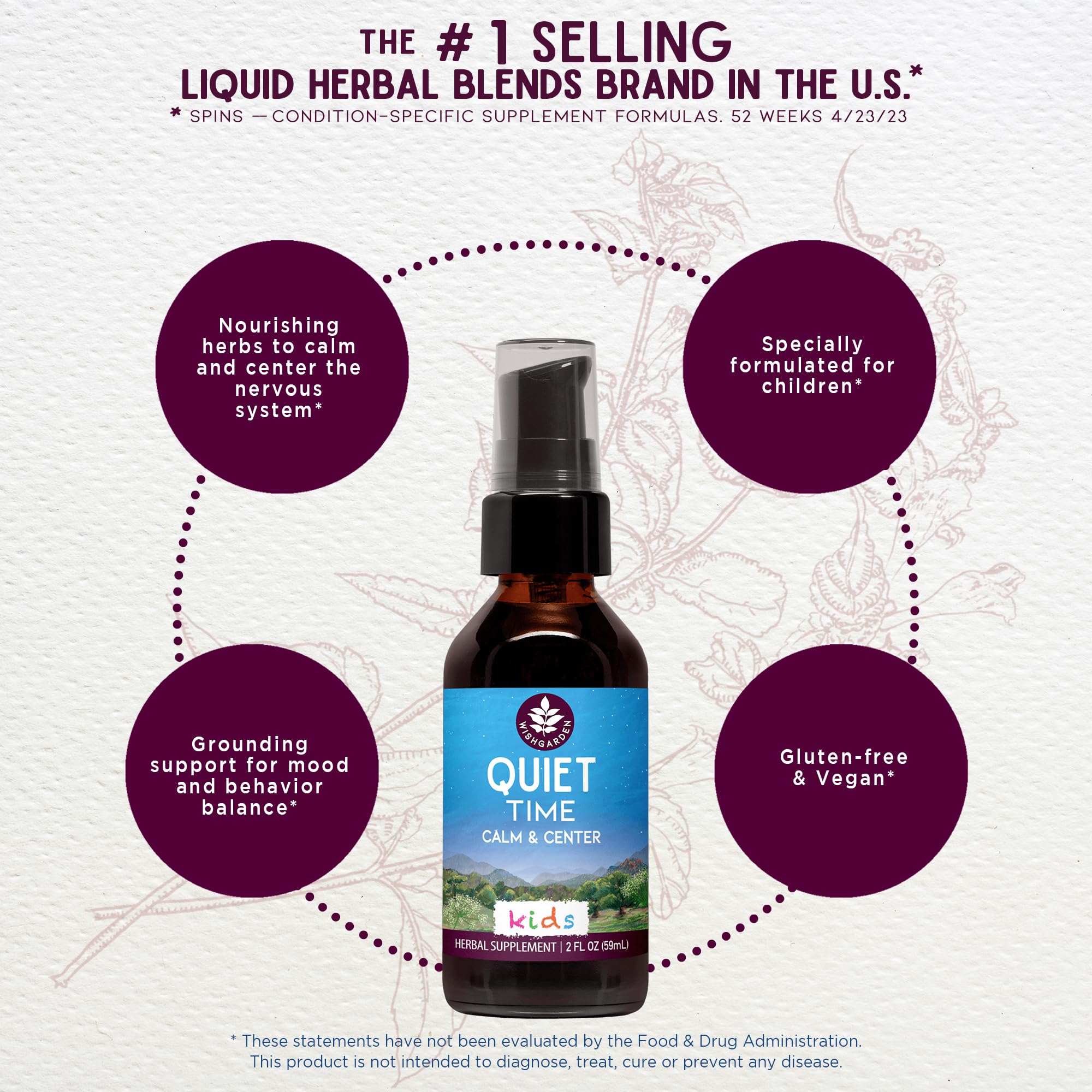 WishGarden Quiet Time for Kids Passionflower blend, soothing herbs for a calmer after-school routine.