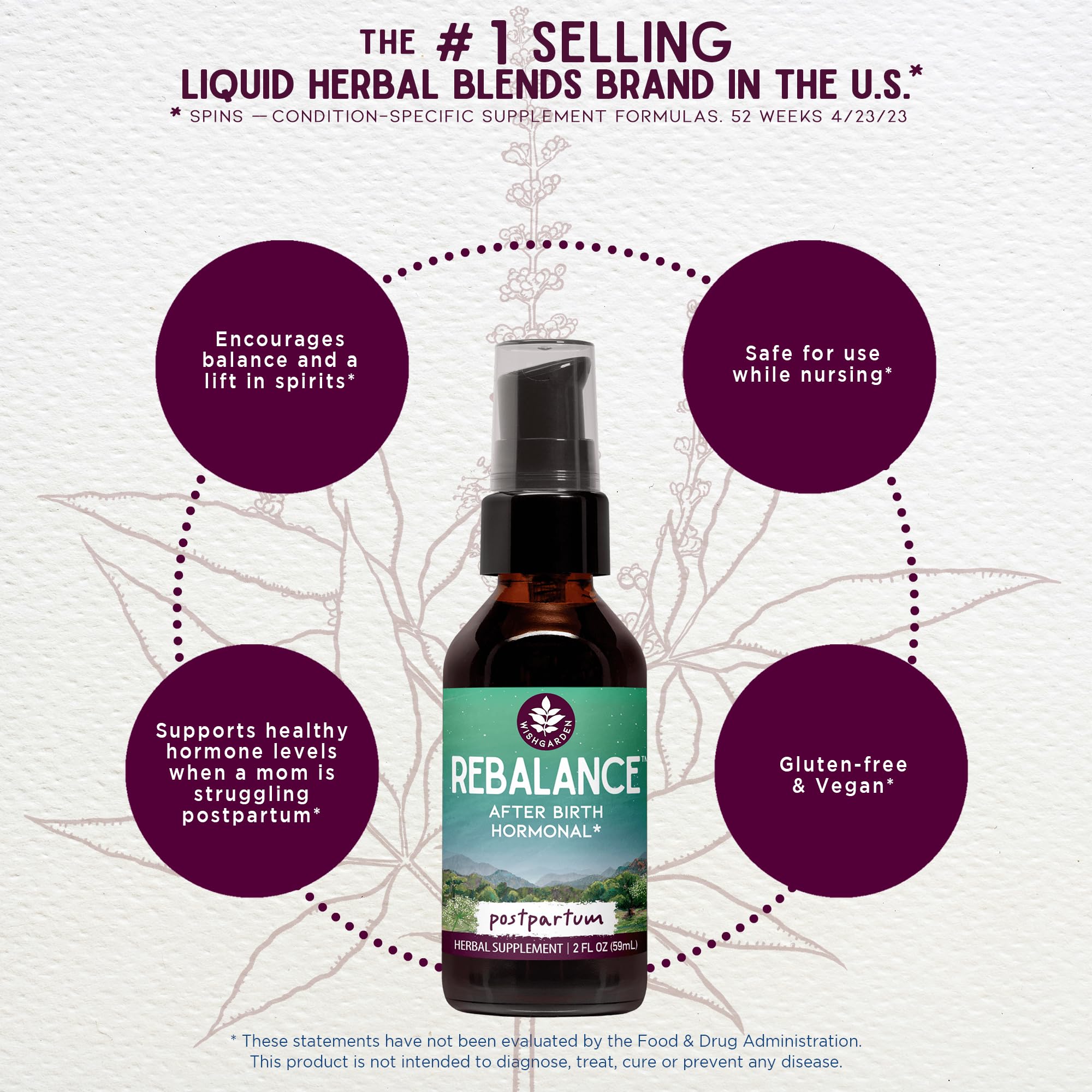 WishGarden ReBalance liquid tincture close-up shows organic ingredients for gentle hormone balance.