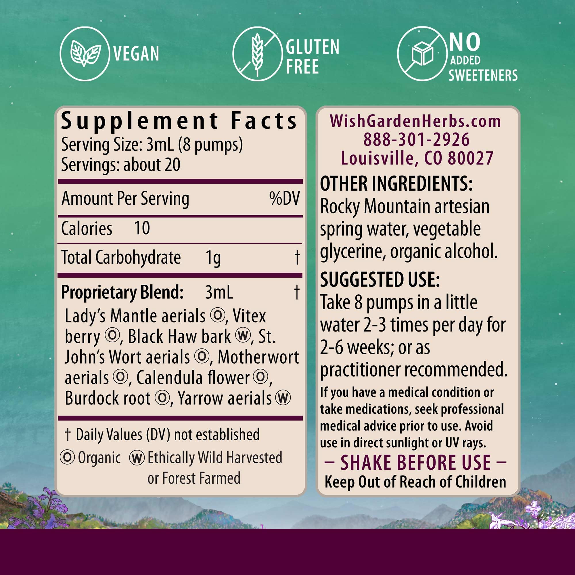 WishGarden ReBalance postpartum herbs image highlights tincture for daily vitality.