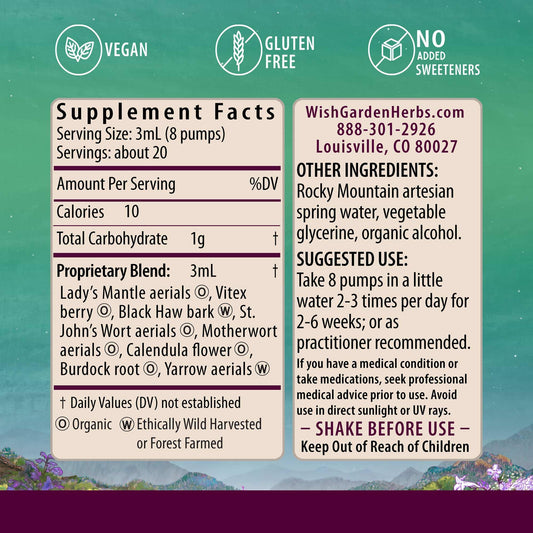 WishGarden ReBalance postpartum herbs image highlights tincture for daily vitality.