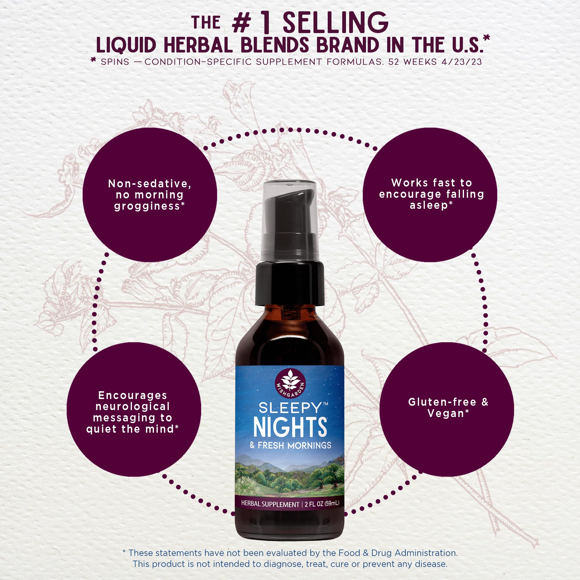 WishGarden Sleepy Nights amber bottle with label highlighting organic ingredients