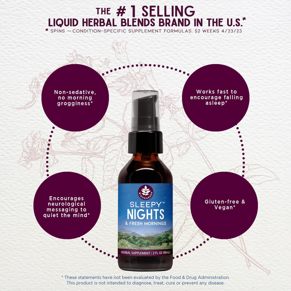 WishGarden Sleepy Nights amber bottle with label highlighting organic ingredients