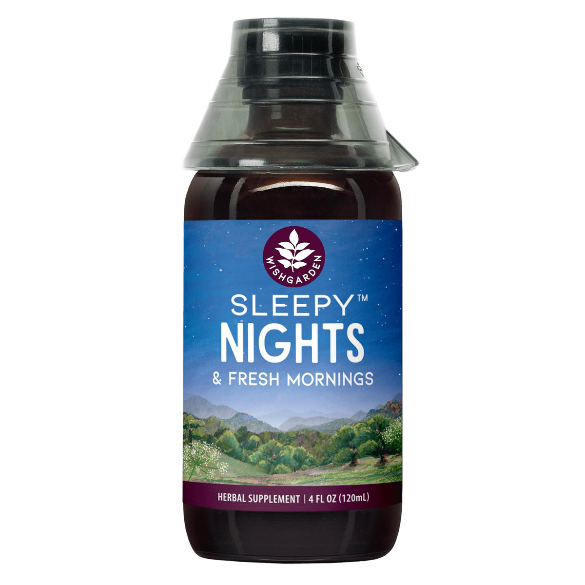 WishGarden Sleepy Nights bottle close-up highlighting organic herbal blend for restful sleep