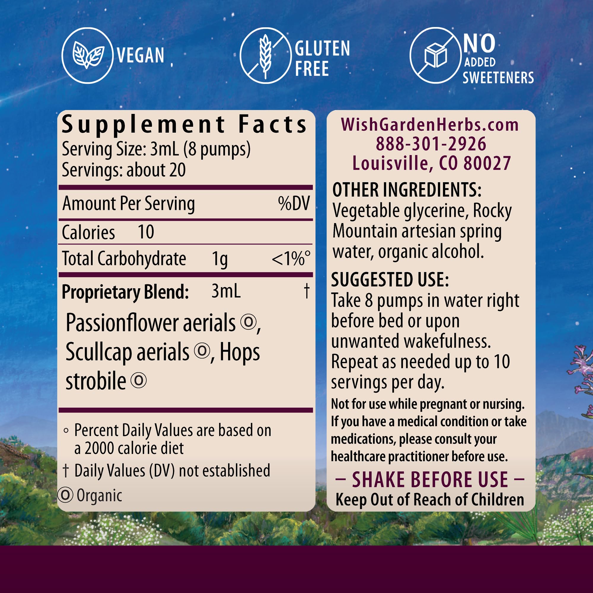 WishGarden Sleepy Nights tincture pour illustrating fast-absorption sleep support