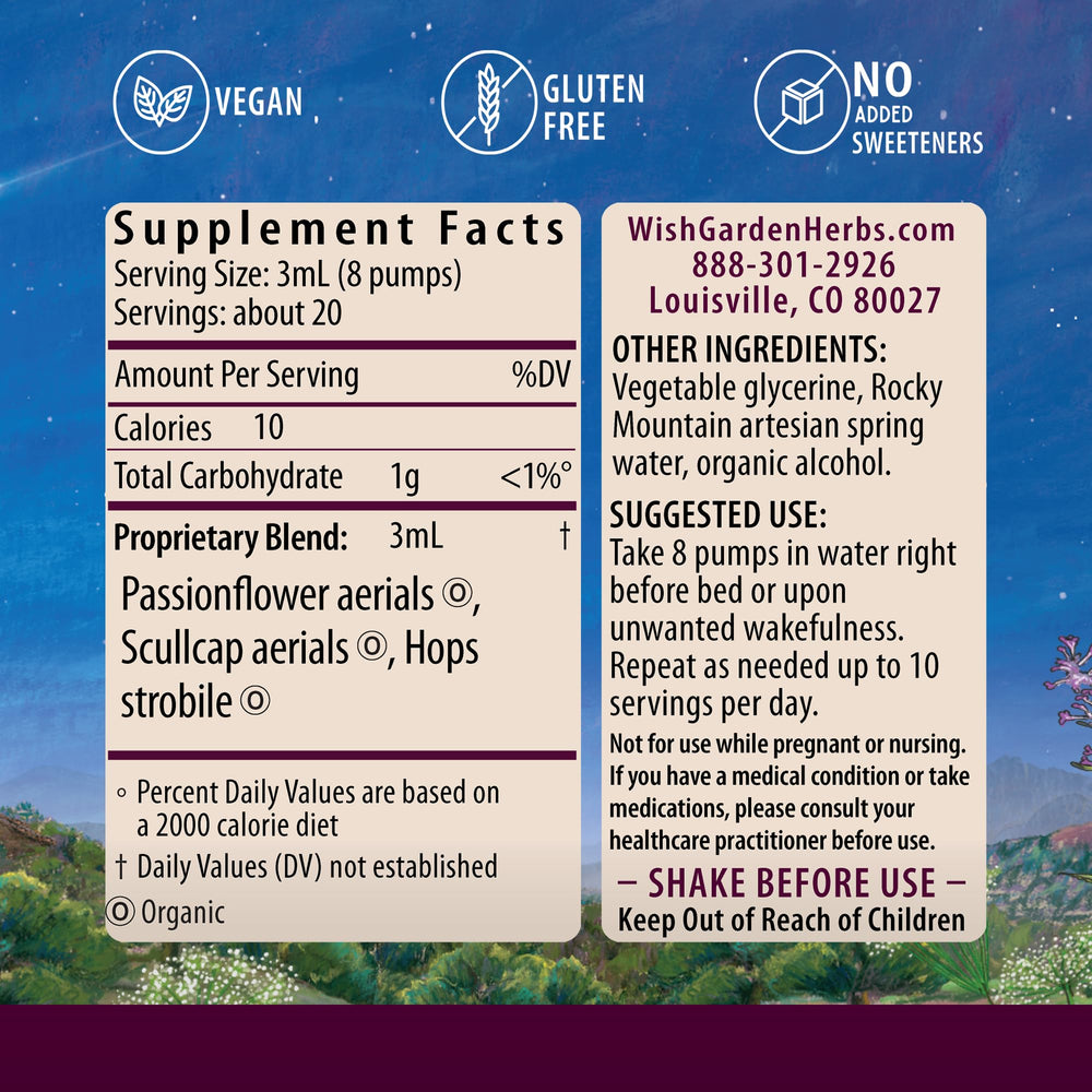 WishGarden Sleepy Nights tincture pour illustrating fast-absorption sleep support