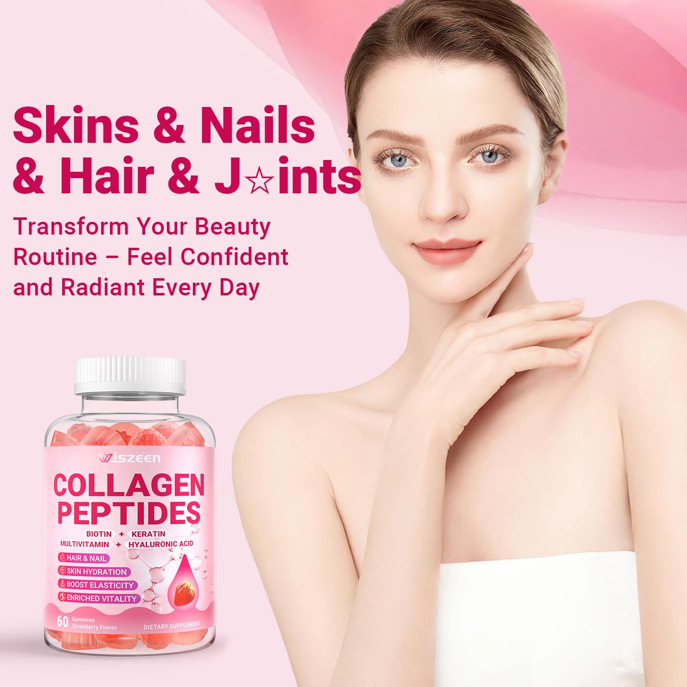 Wiszeen Collagen Gummies nutrition label emphasizes vitamins A, C, E and more peptides