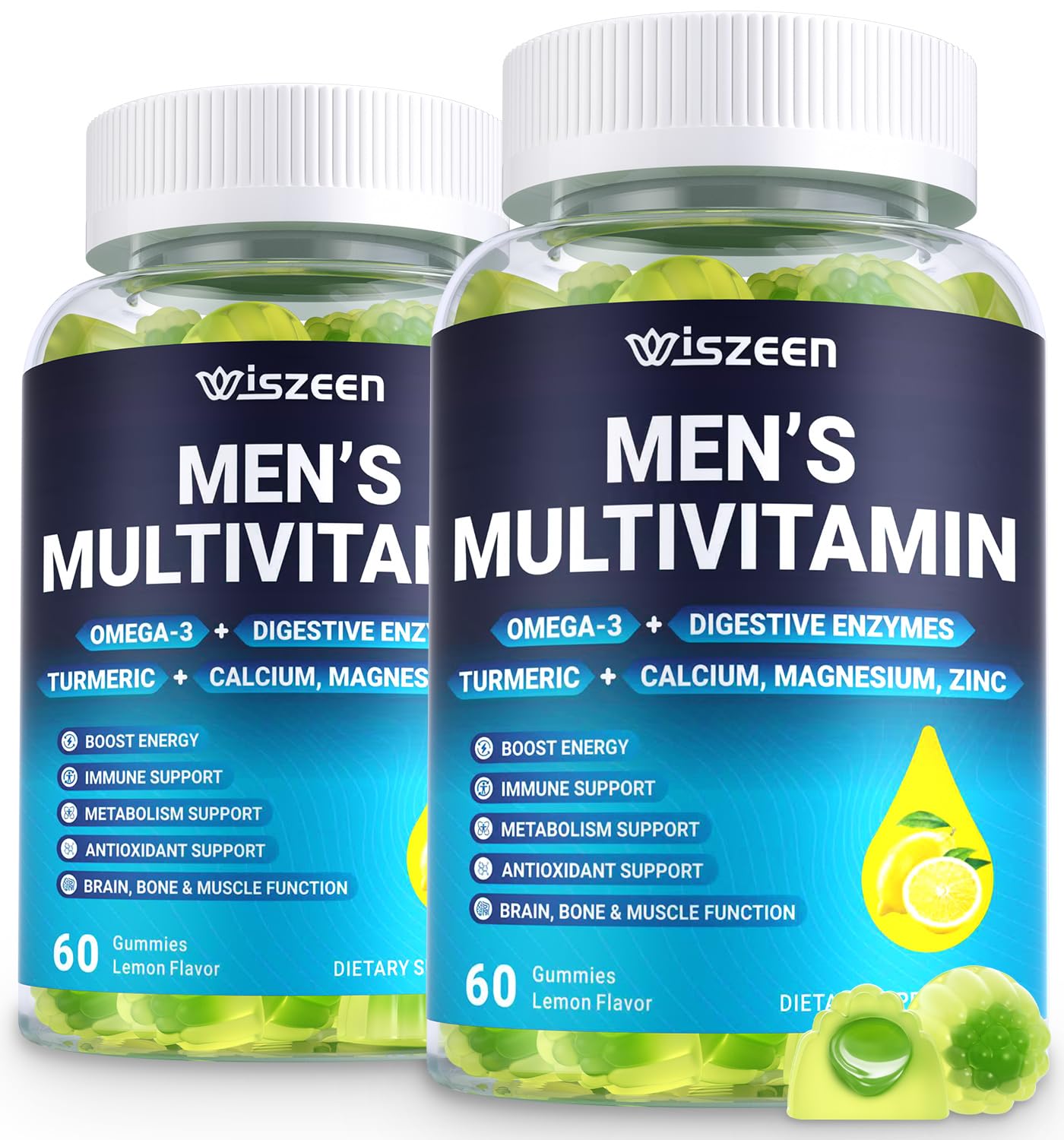Wiszeen Men's Multivitamins Gummies bottle close-up for convenient daily nutrition and energy support.