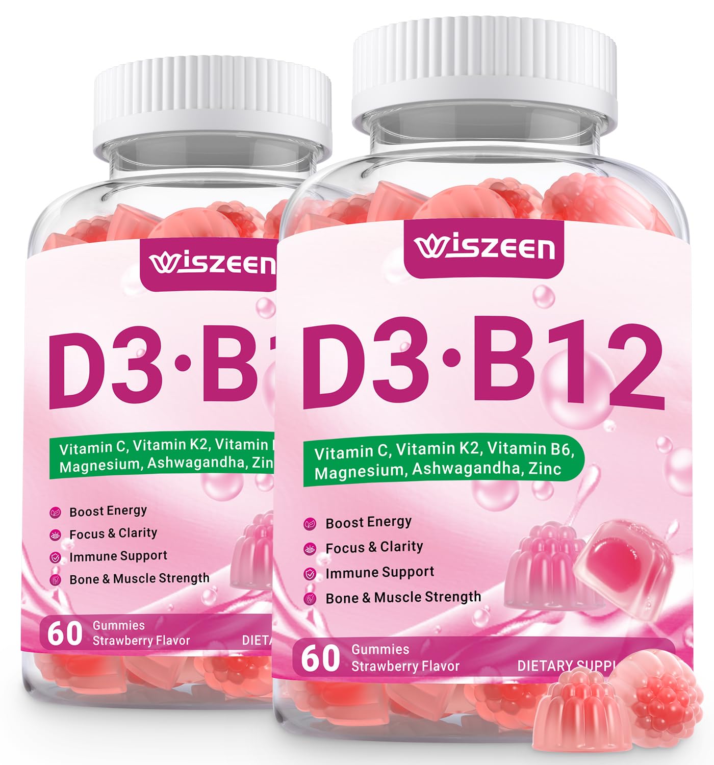 Wiszeen Vitamin D3 B12 Gummies bottle on a counter for daily energy support