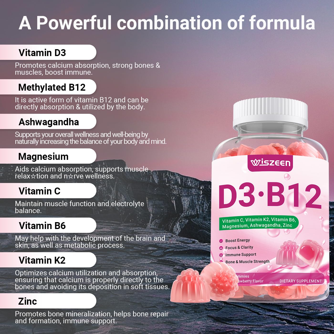 Wiszeen Vitamin D3 B12 gummies ingredients card highlights ashwagandha and zinc