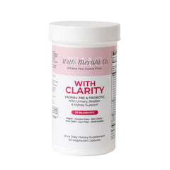 With Meraki Co. Clarity pre/probiotic bottle view, supporting balanced vaginal and urinary wellness.