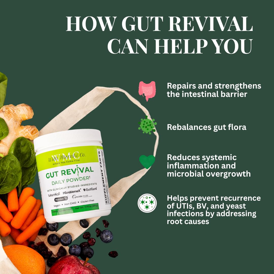 With Meraki Co. Gut Revival ingredients display featuring glutamine and polyphenols for intestinal resilience.