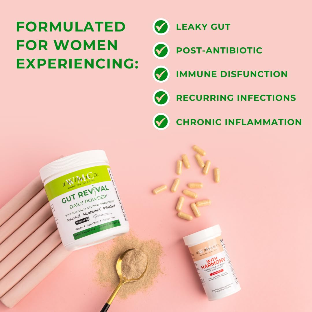 With Meraki Co. Gut Revival bottle with natural botanicals like ginger and marshmallow for digestive comfort.