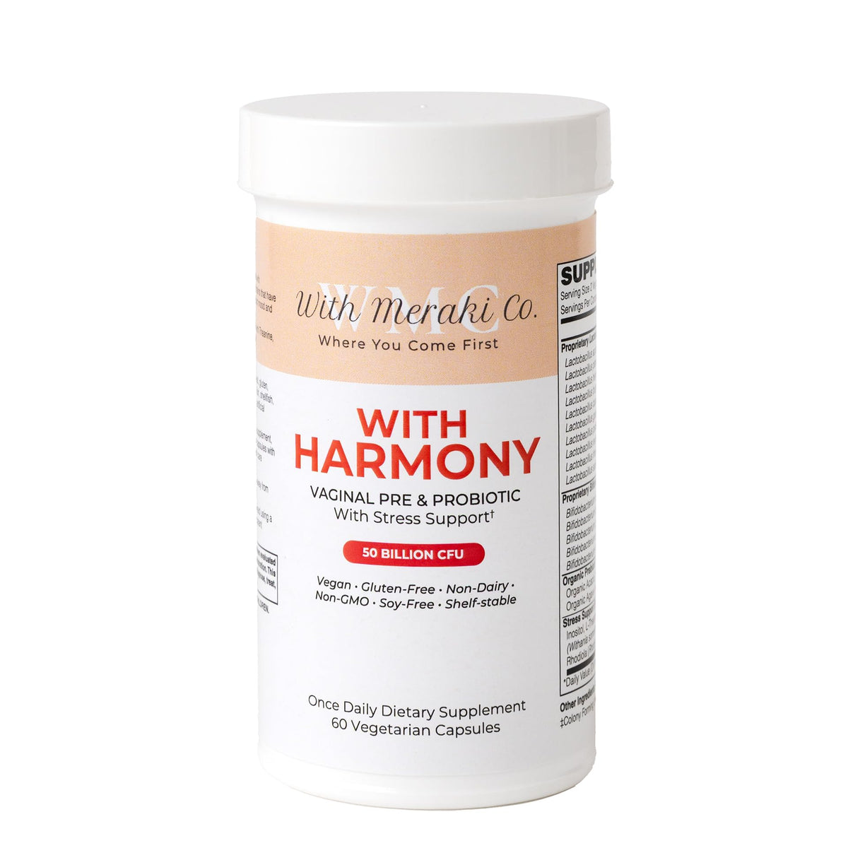 With Meraki Co Harmony probiotic bottle close-up for daily vaginal support