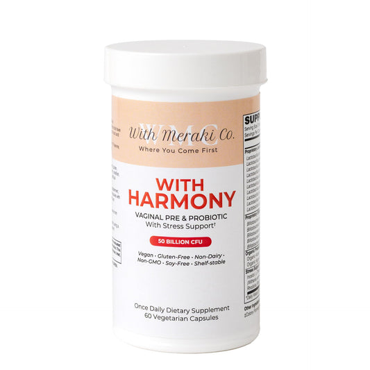 With Meraki Co Harmony probiotic bottle close-up for daily vaginal support
