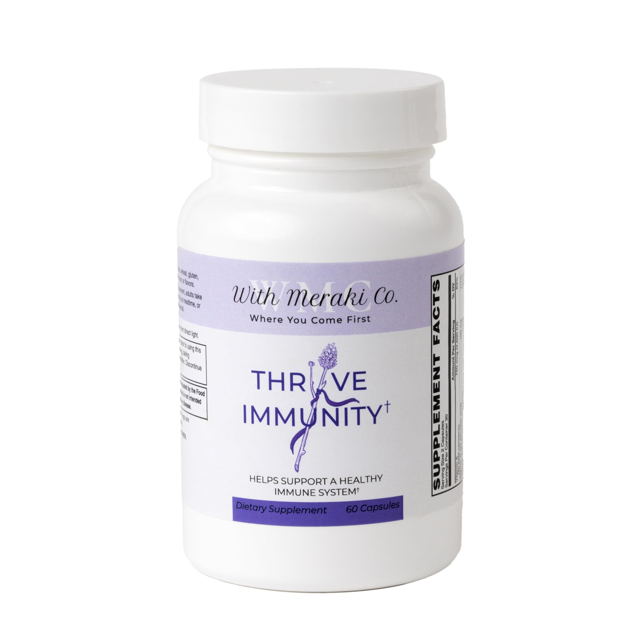 With Meraki Co. Thryve immunity bottle front highlighting daily immune support