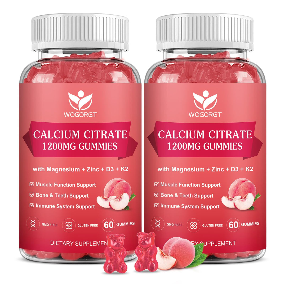 WOGORGT Calcium Citrate 1200mg gummies bottle close-up for bone and teeth support.