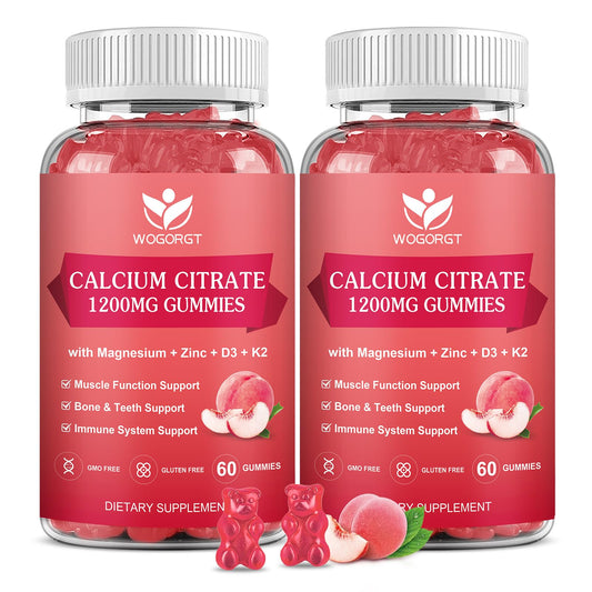 WOGORGT Calcium Citrate 1200mg gummies bottle close-up for bone and teeth support.