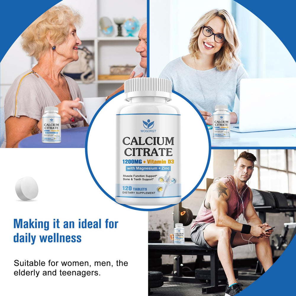 Bottle of WOGORGT calcium citrate emphasizes strong teeth in everyday wellness