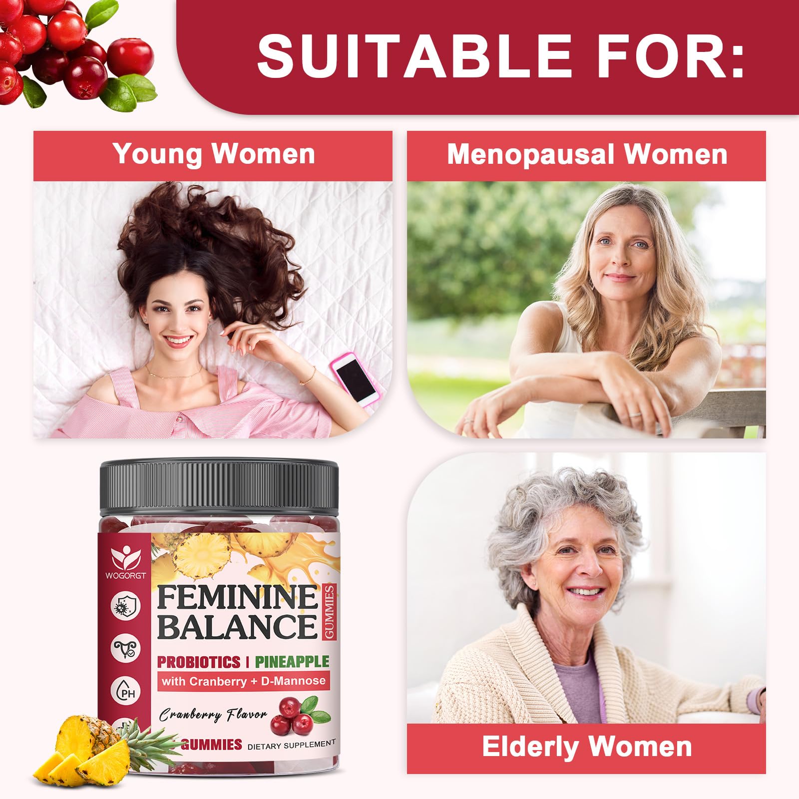 WOGORGT Gummies ingredients blend featuring Bacillus coagulans and cranberry extract.