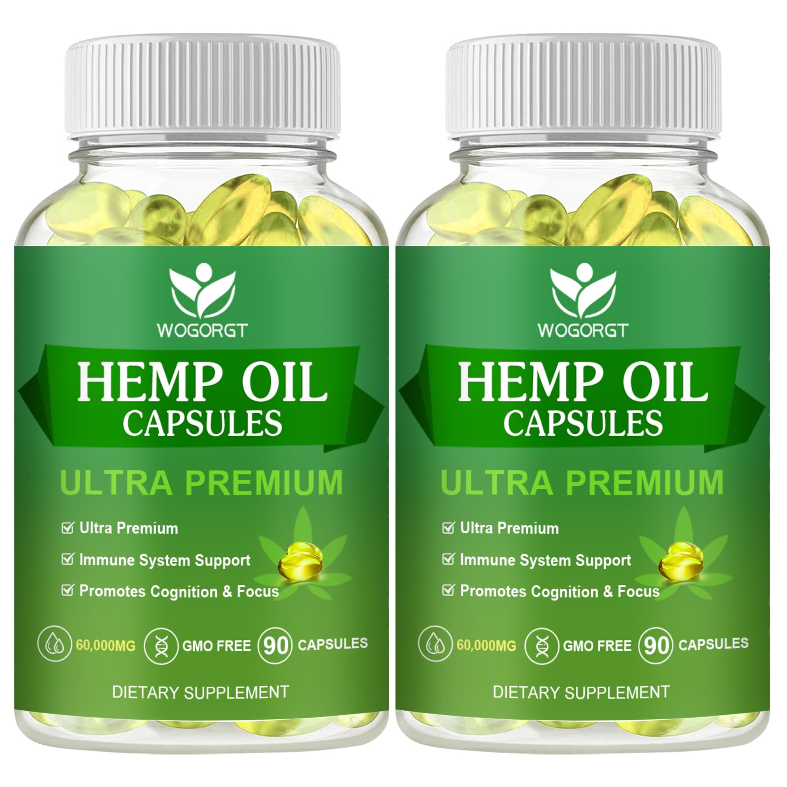 WOGORGT Hemp Oil Capsules bottle front showing 90-count packaging for daily use