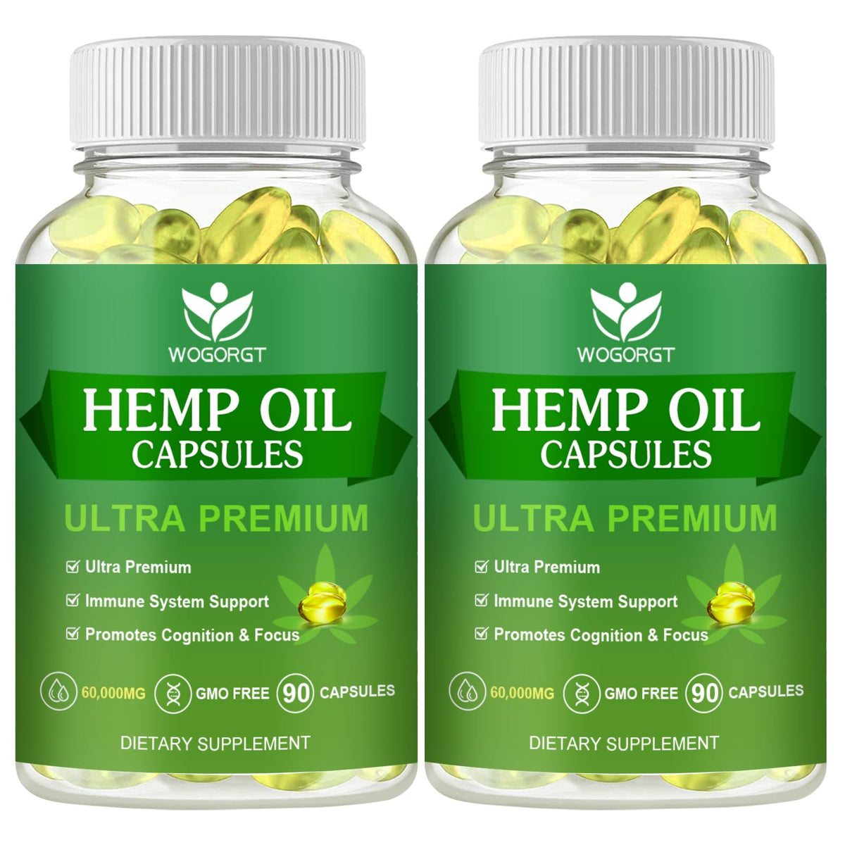 WOGORGT Hemp Oil Capsules bottle front showing 90-count packaging for daily use
