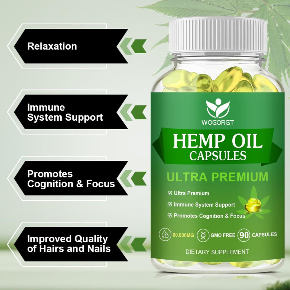 WOGORGT Hemp Oil Capsules ingredients panel reveals omega fats and vitamins