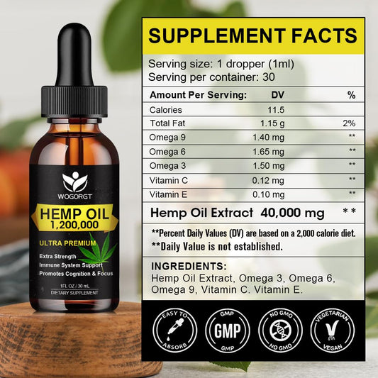 WOGORGT Hemp Oil omega-3-6-9 rich close-up bottle supports daily wellness