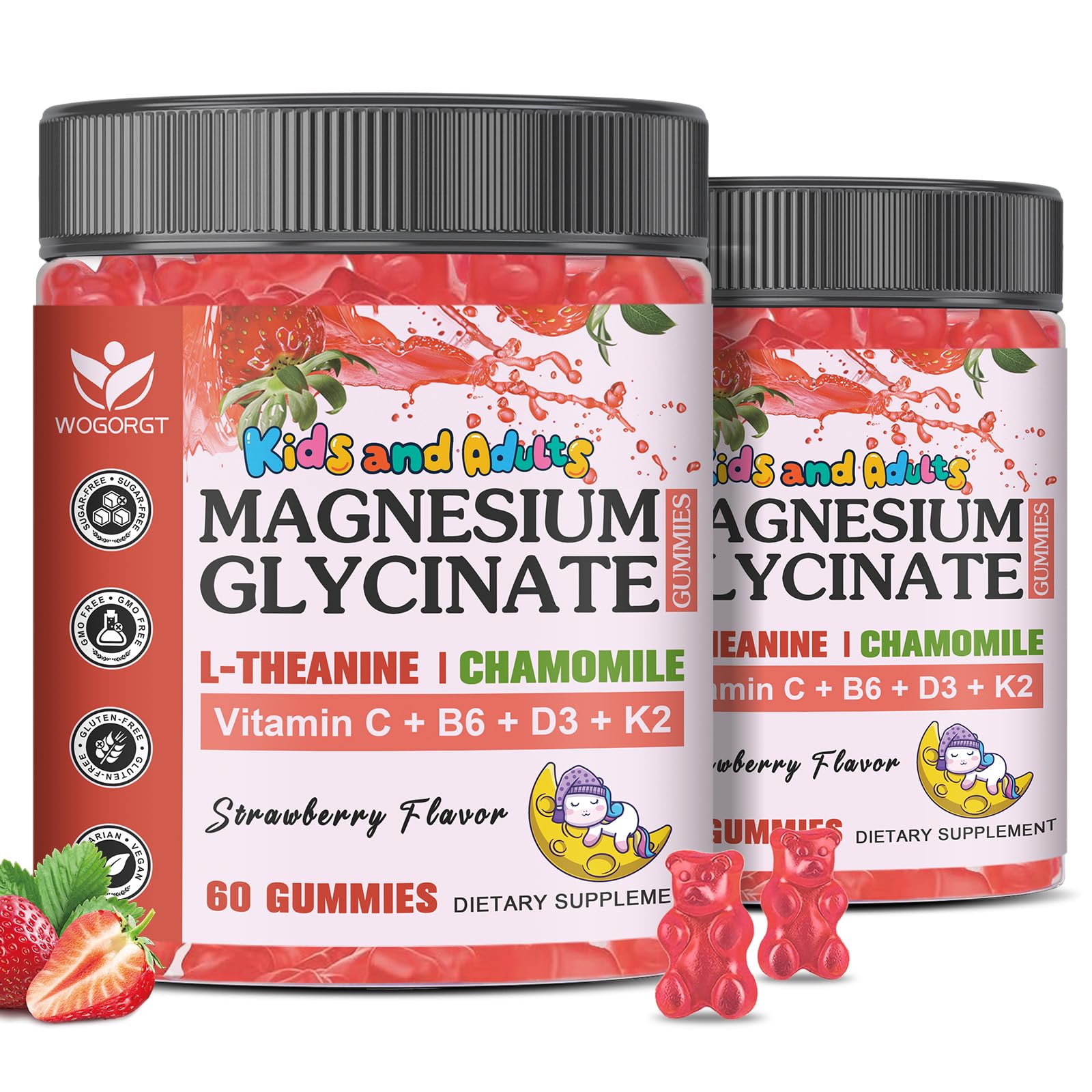 WOGORGT magnesium glycinate gummies bottle front for daily calm and focus