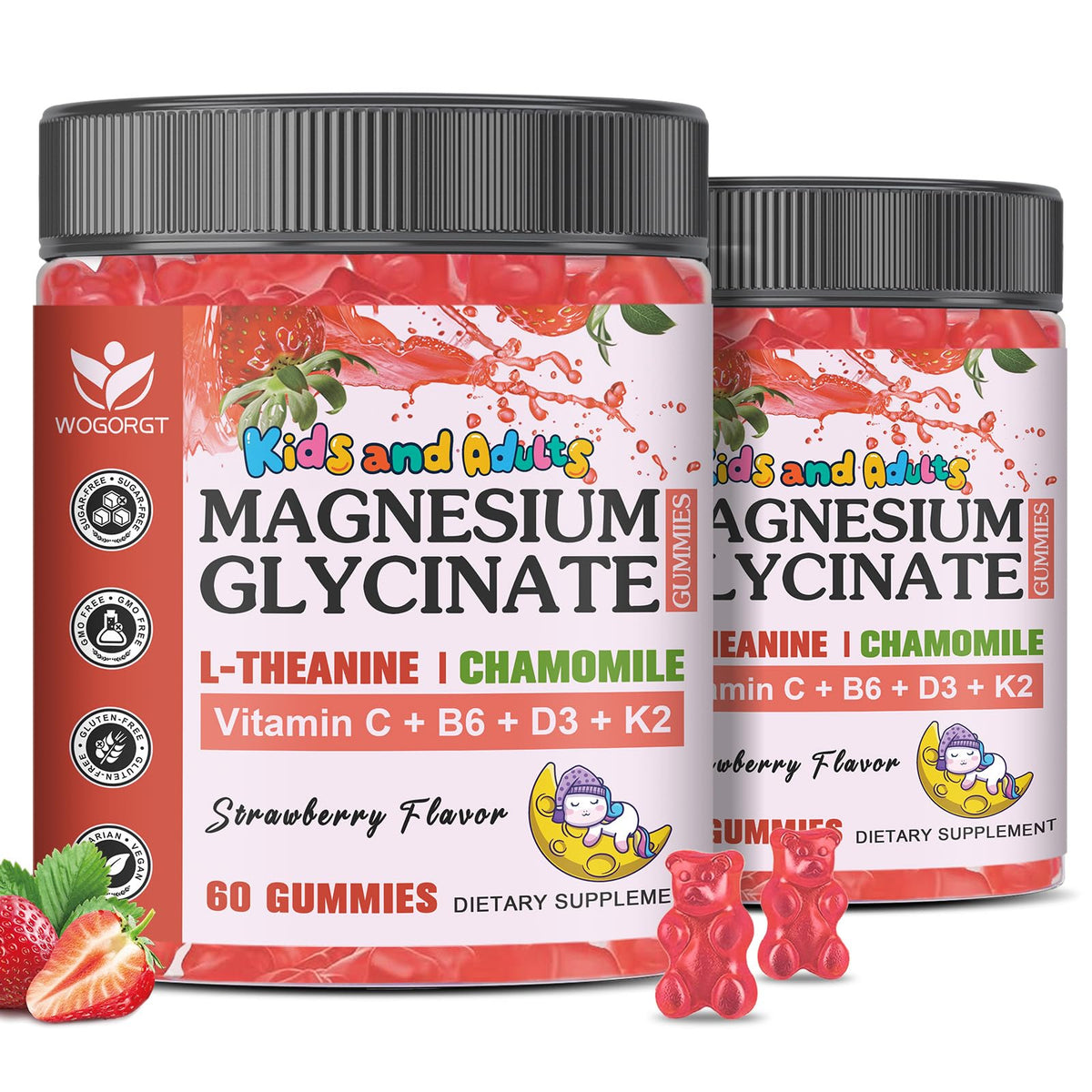 WOGORGT magnesium glycinate gummies bottle front for daily calm and focus