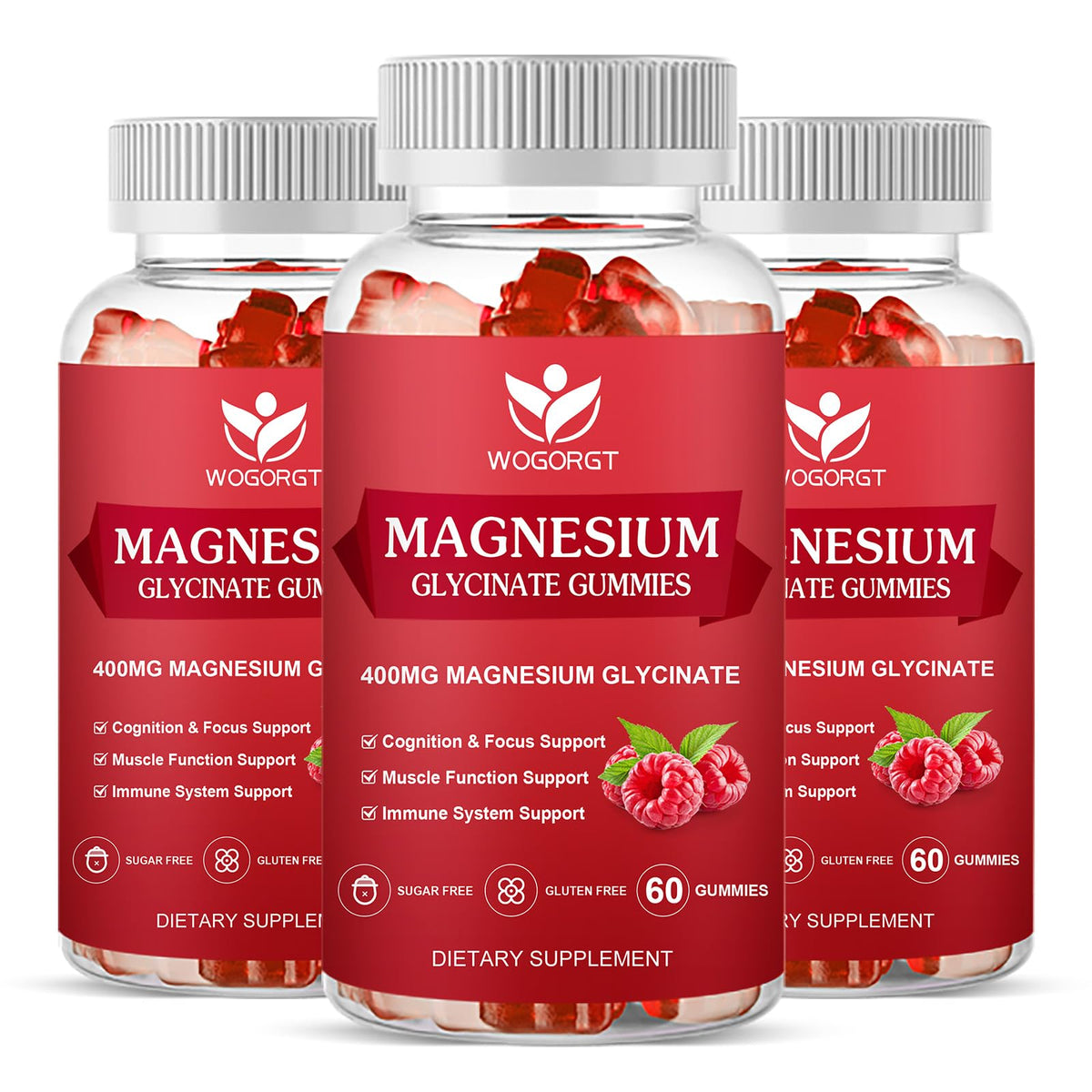 WOGORGT Magnesium Glycinate Gummies raspberry bottle may support relaxation and focus.