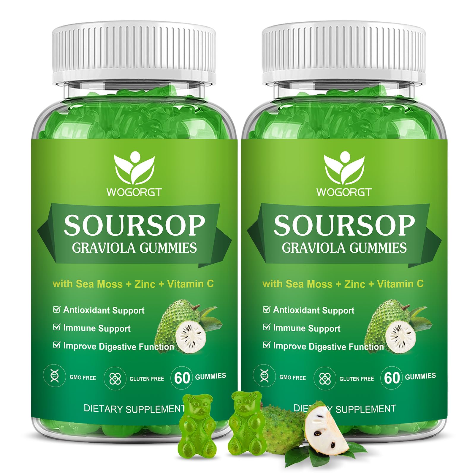 WOGORGT Soursop Gummies bottle with leaves extract supports daily immune wellness.